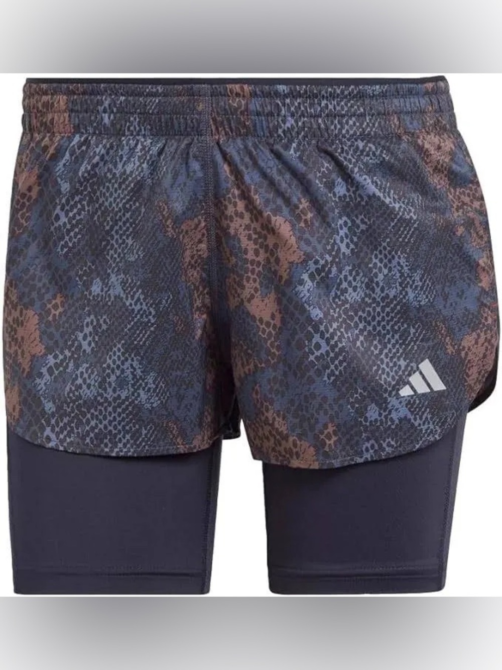 adidas FAST 2IN1 Navy + Brown Snake-Print Layered Running Shorts - NWT - size XS